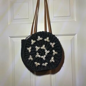 Black Woven Shell-Embellished Women's Bag